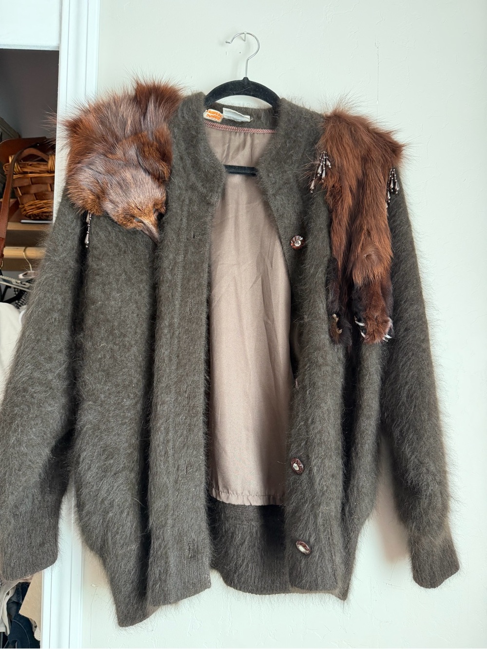 Vintage 1950s/60s Trapeze Junior Angora Wool Knit Jacket Beaded Fur Trim M/L